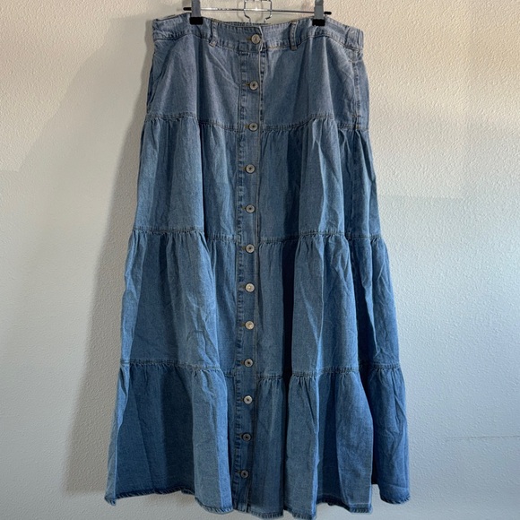 Three Bird Nest Country Mart Tiered Maxi Skirt Denim Size L Boho - Picture 7 of 12